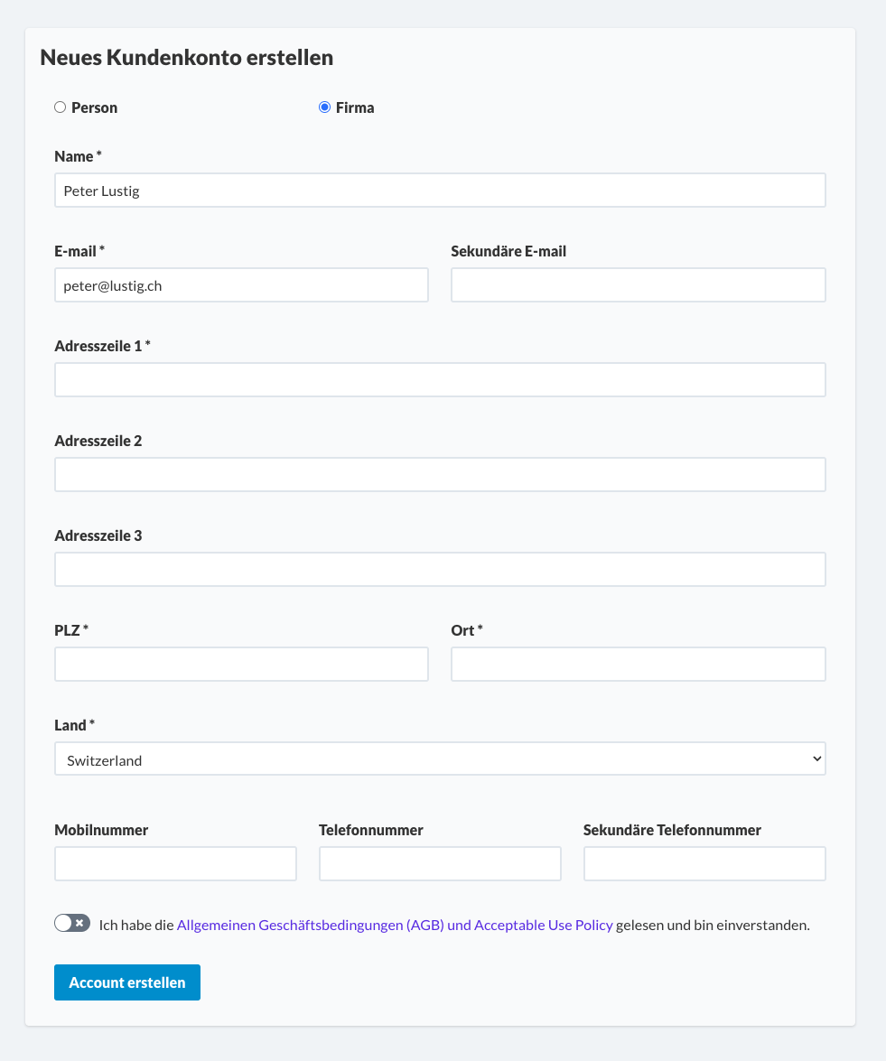 Formular zur Kontoerstellung Screenshot